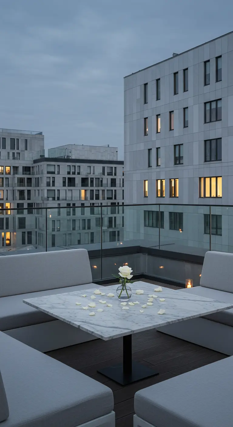 A white marble table surrounded by white seating on a modern, minimalist balcony at dusk.