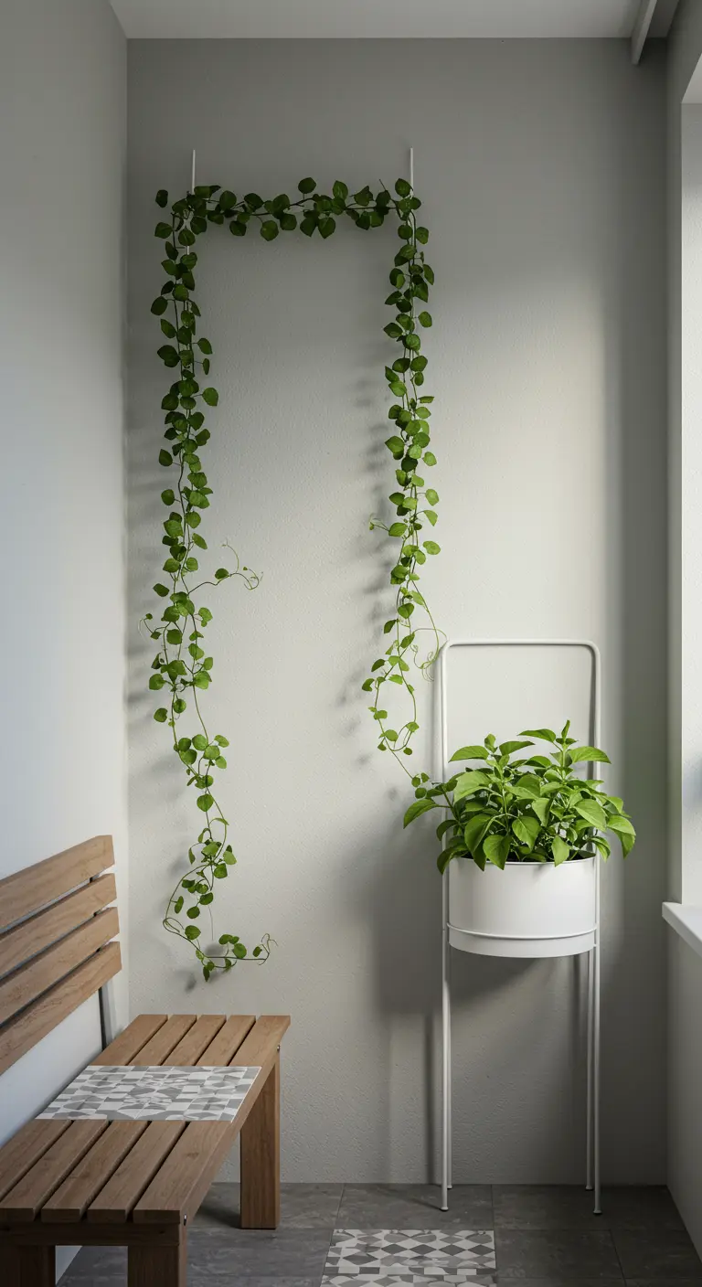 A vine trained in a rectangle on a wall above a simple wooden bench.