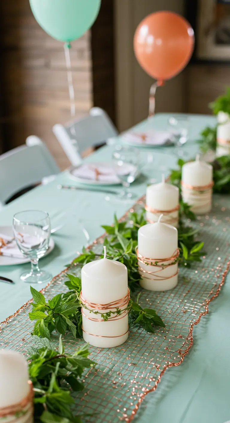A mint green table with a copper mesh runner and candles wrapped in copper wire.