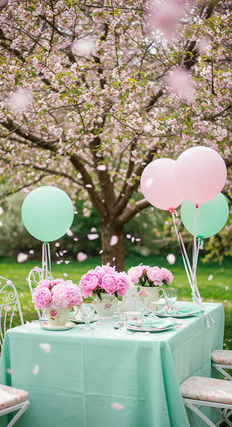 Tea party table under a cherry blossom tree with mint and pink decor.