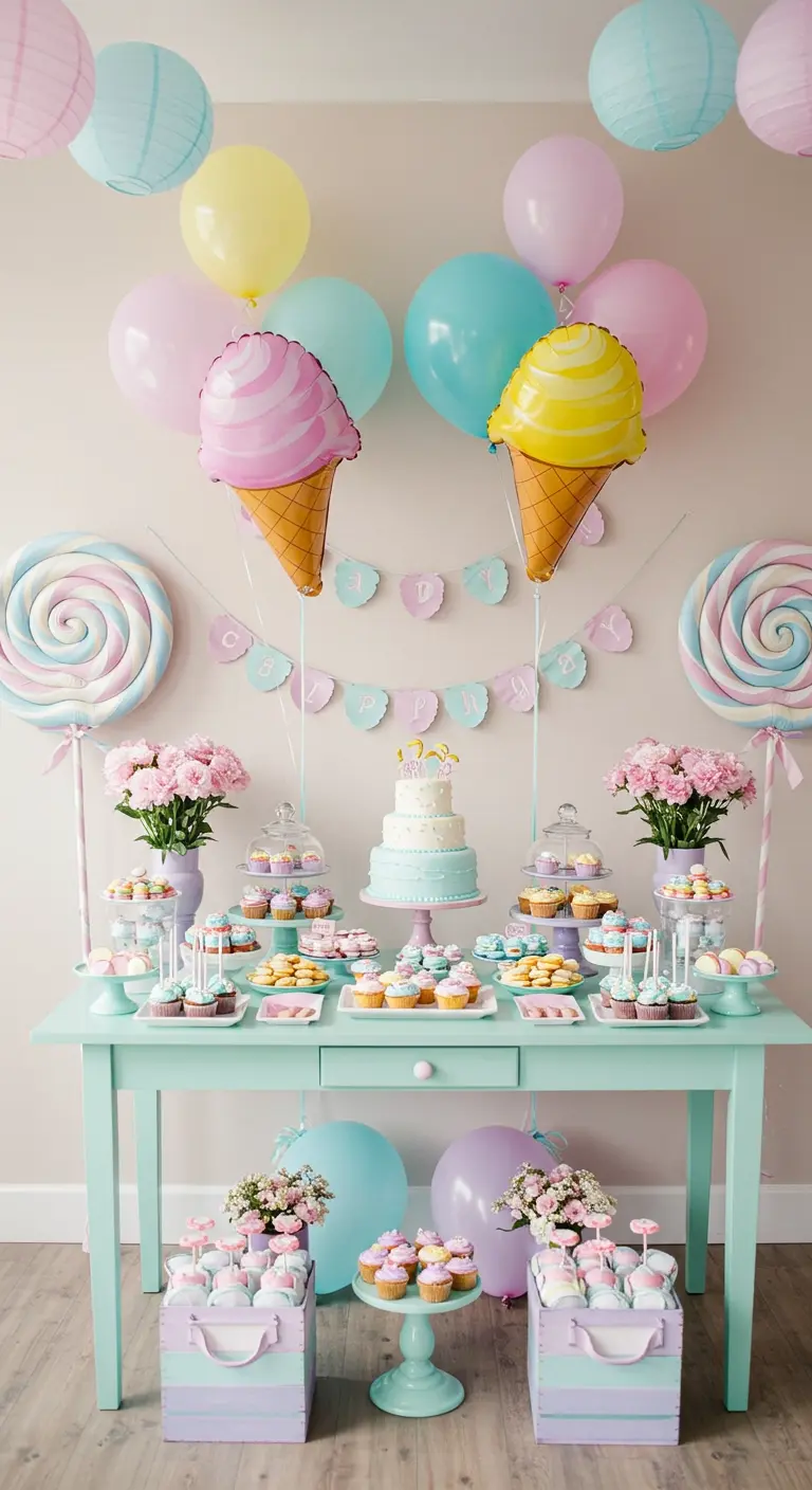 Pastel dessert table with ice cream balloons and a mint green console table.