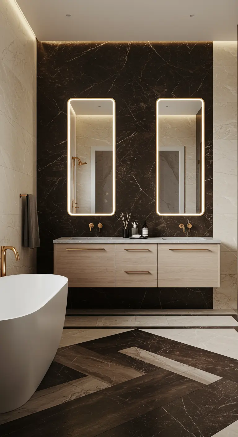 Bathroom with a dark marble accent wall and two tall, rounded backlit mirrors.