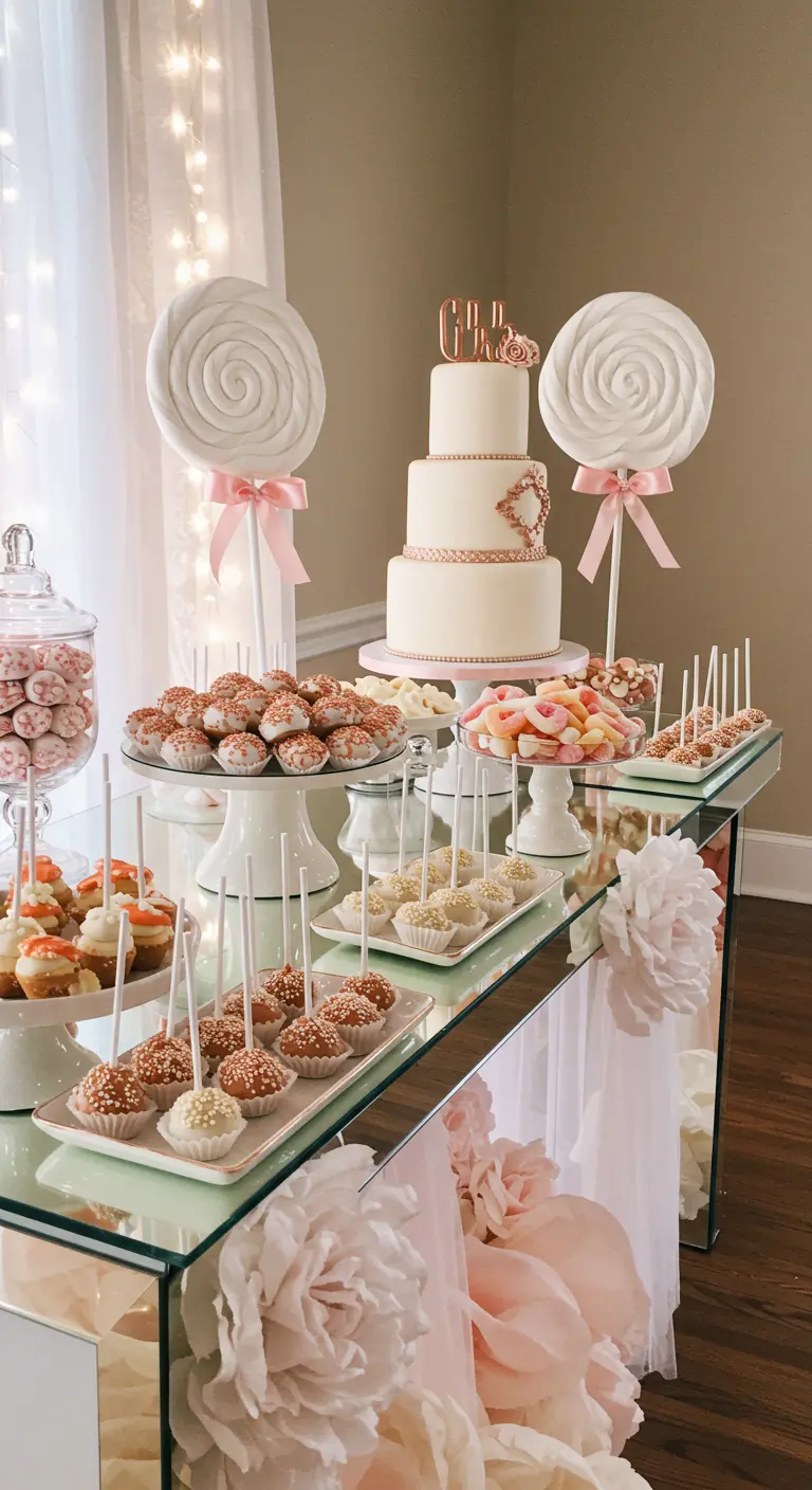 Elegant dessert table with white lollipops, pink ribbons, and a mirrored surface.