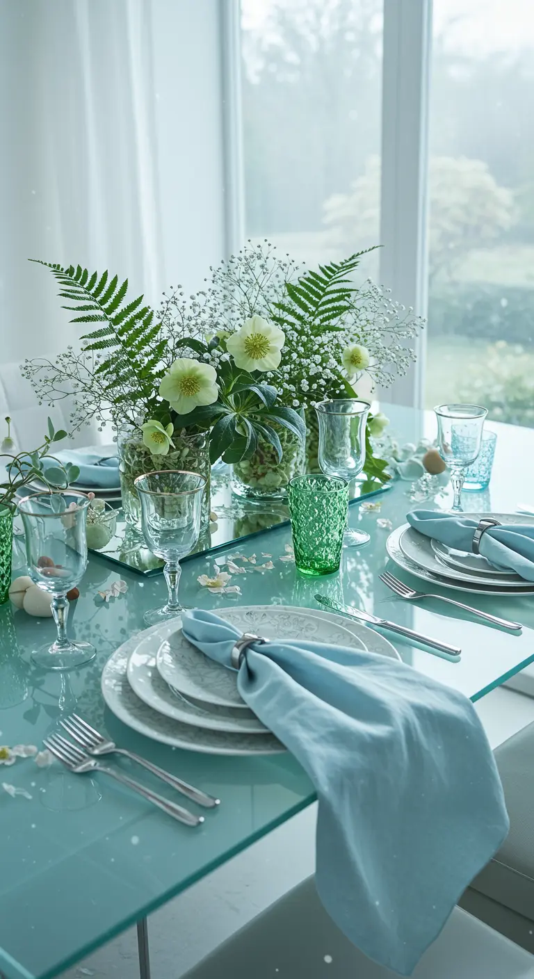 Glass table with a mirror runner reflecting a green and white floral centerpiece.