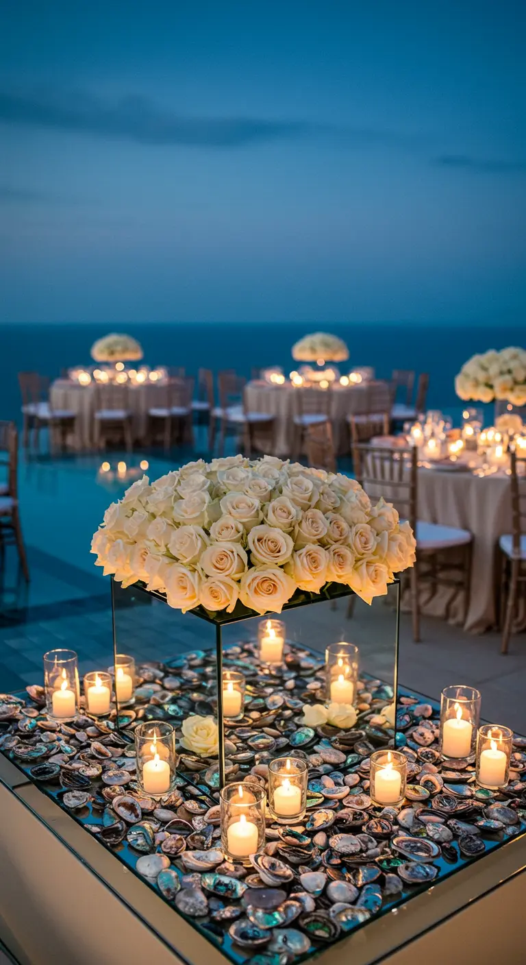 A dome of white roses on a mirrored base covered in shells and surrounded by candles.