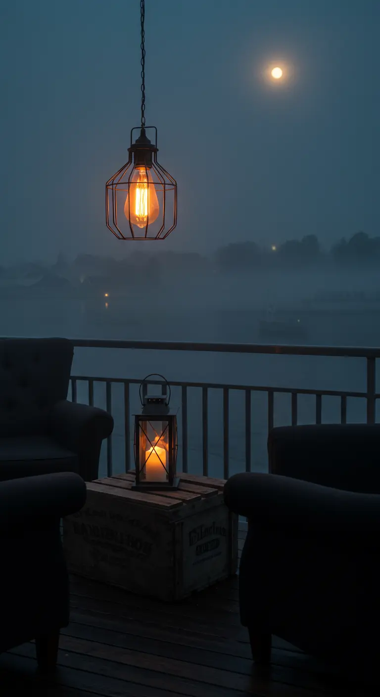 A foggy waterfront balcony with two chairs and a single caged lantern on a wooden crate.