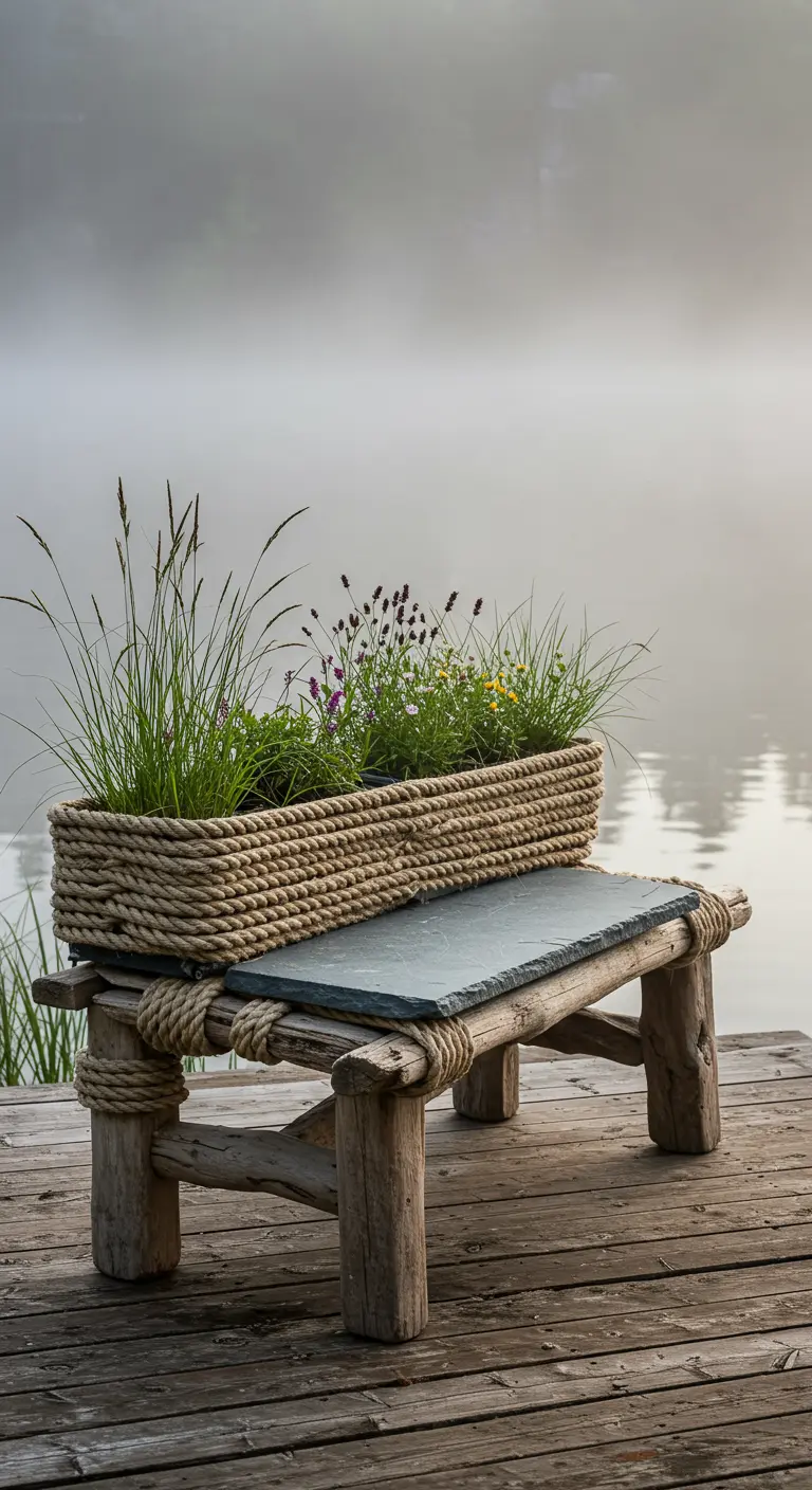 A rustic log bench with a rope-wrapped planter box sitting on a misty lake dock.