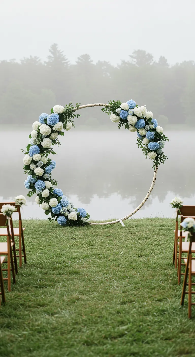 A birch-wrapped floral hoop with blue and white hydrangeas by a foggy lake.