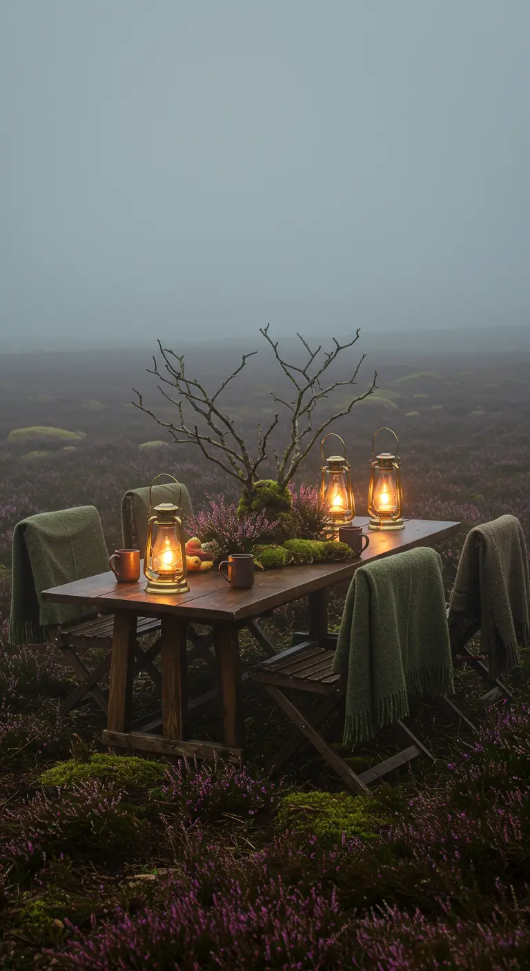 A table set in a foggy, purple-flowered moor with a mossy centerpiece and warm lanterns.