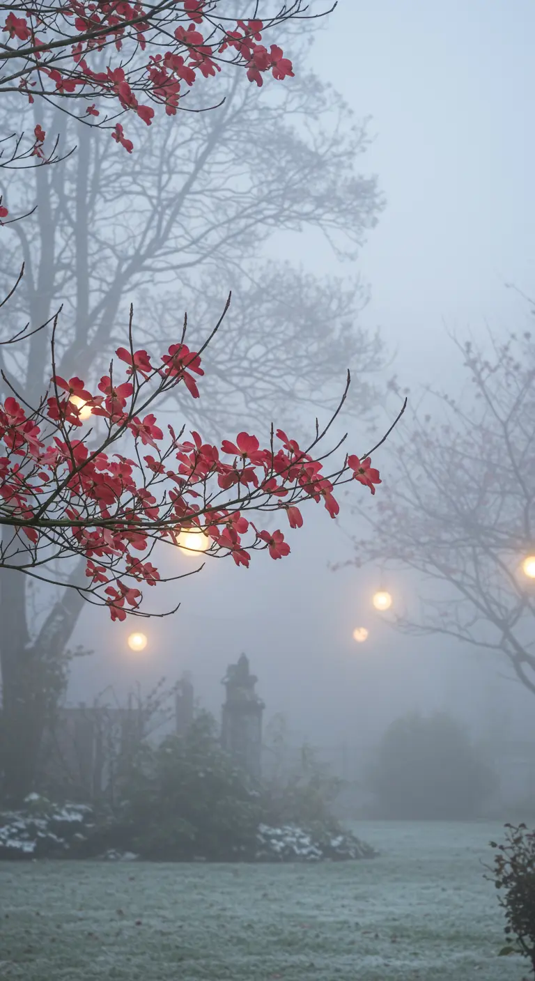 Red leaves on a branch in a foggy garden with glowing lights appearing to float.