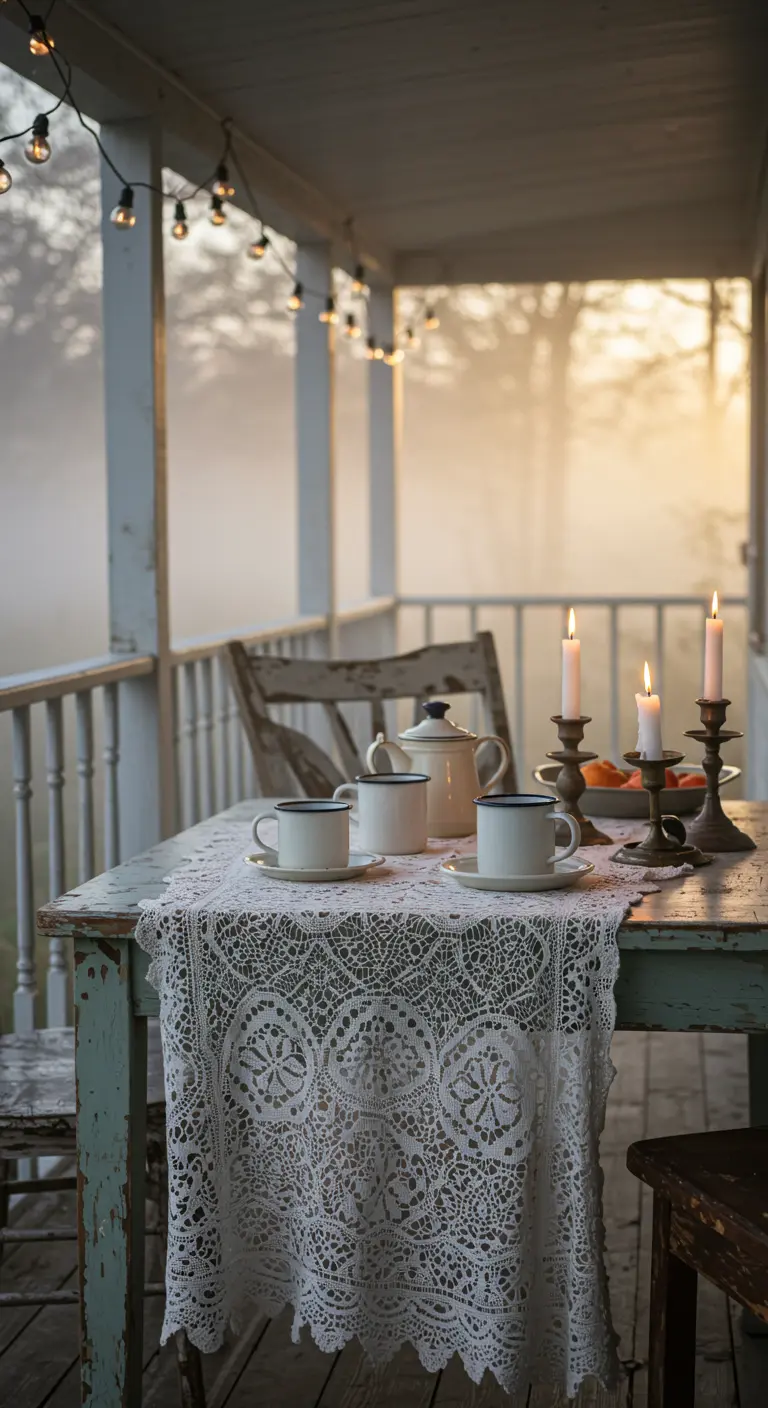 A rustic, weathered table on a foggy porch, set with a lace runner and antique brass candlesticks.