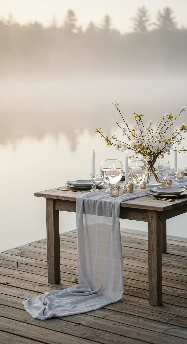 Ethereal tablescape on a misty dock with floating candles and a sheer grey runner.
