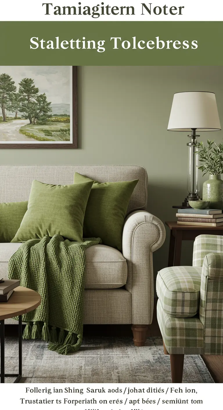 Living room with a beige sofa, sage green velvet pillows, and a sage green plaid armchair.