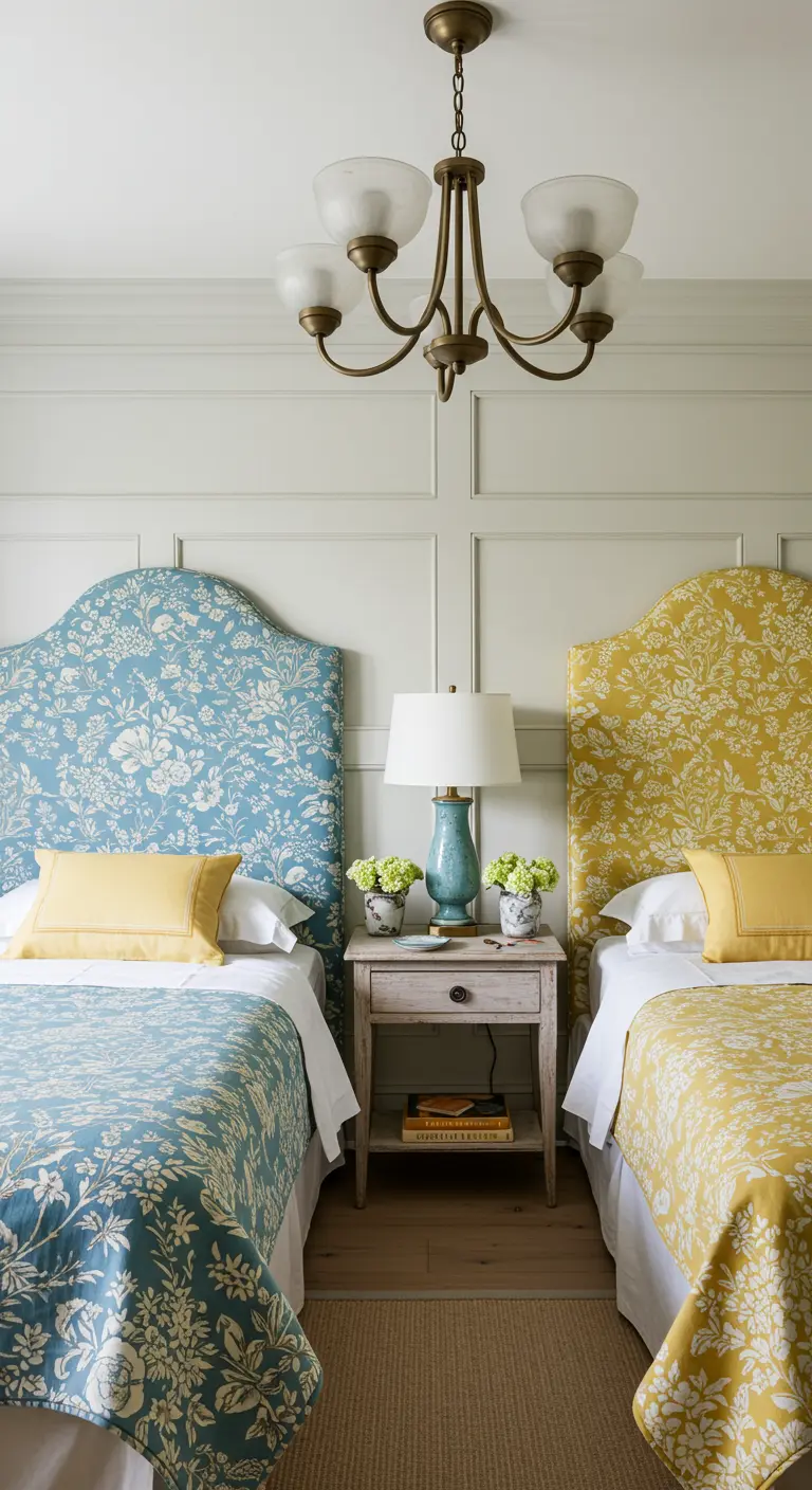 A bedroom with two twin beds, one with a blue floral headboard and one with yellow.