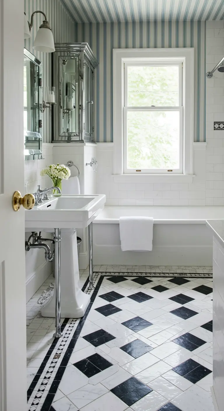 Bathroom with blue-and-white striped wallpaper and a diagonal checkerboard floor.
