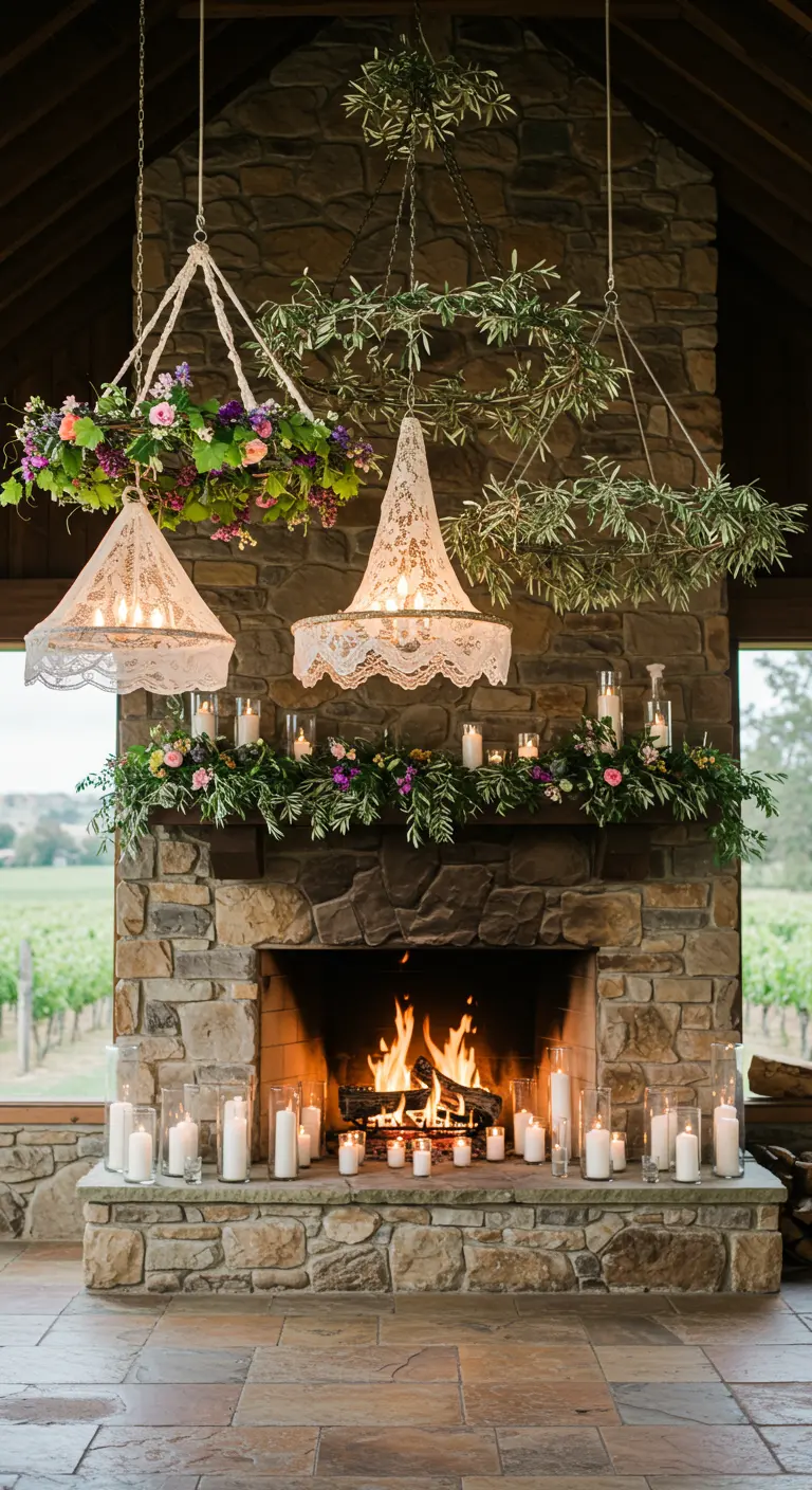 A stone fireplace decorated with a floral garland, candles, and hanging lace chandeliers.
