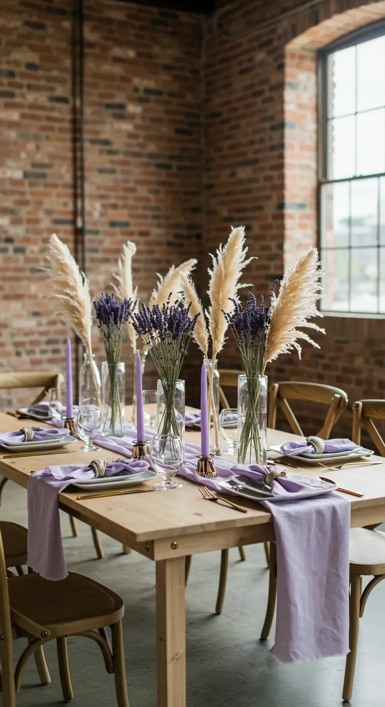 Dining table with pampas grass and lavender centerpieces in an industrial-chic setting.