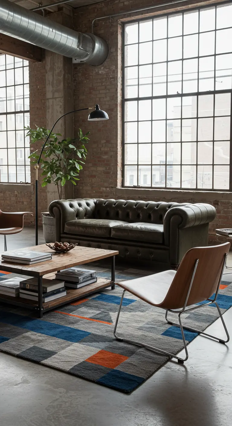 Loft living room with a leather Chesterfield sofa and a colorful block-patterned geometric rug.
