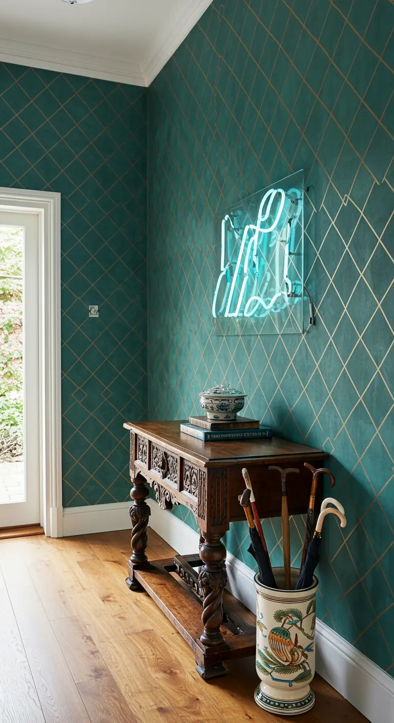 An entryway with a teal geometric wallpaper, a traditional wooden console table, and a blue neon sign.