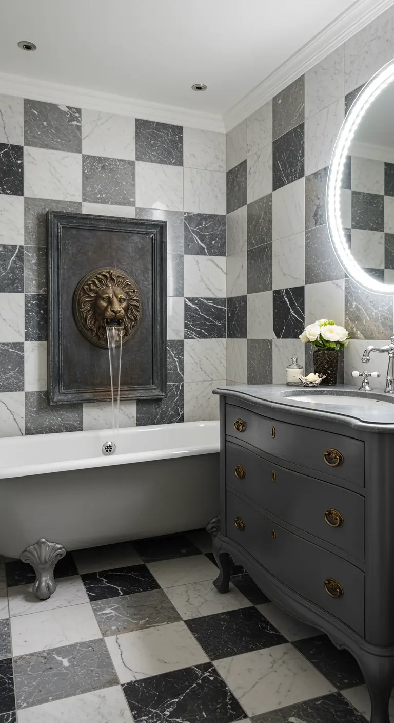 A bathroom with black and white checkerboard marble tiles and a lion head fountain over the tub.
