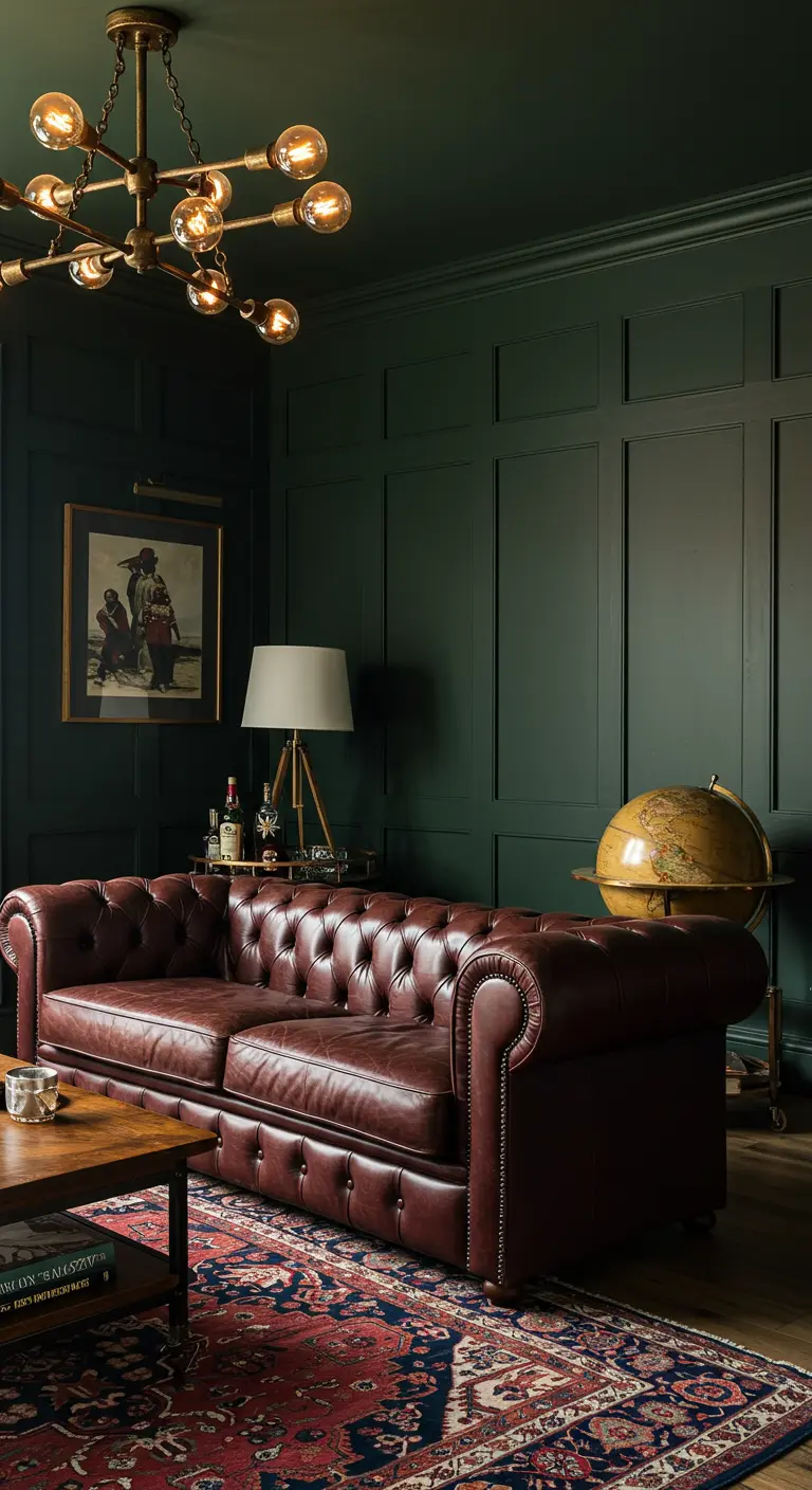 Classic study with a brown leather Chesterfield sofa and an industrial-style sputnik chandelier.