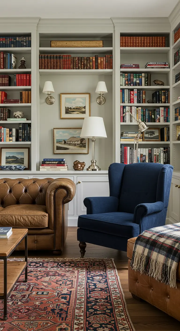 Classic library with built-in bookshelves, a leather sofa, and a navy velvet wingback chair.