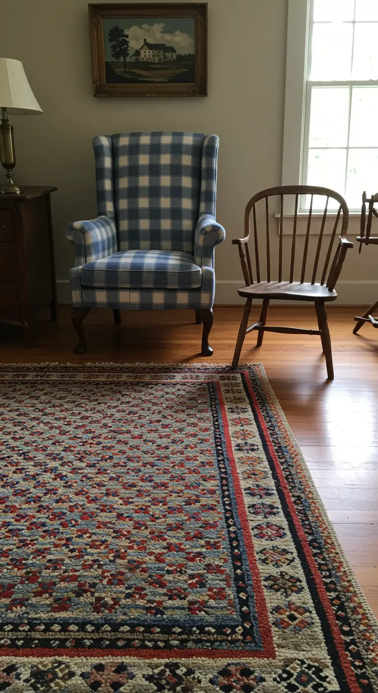 Blue and white checkered wingback chair next to a Windsor chair on a colorful woven rug.
