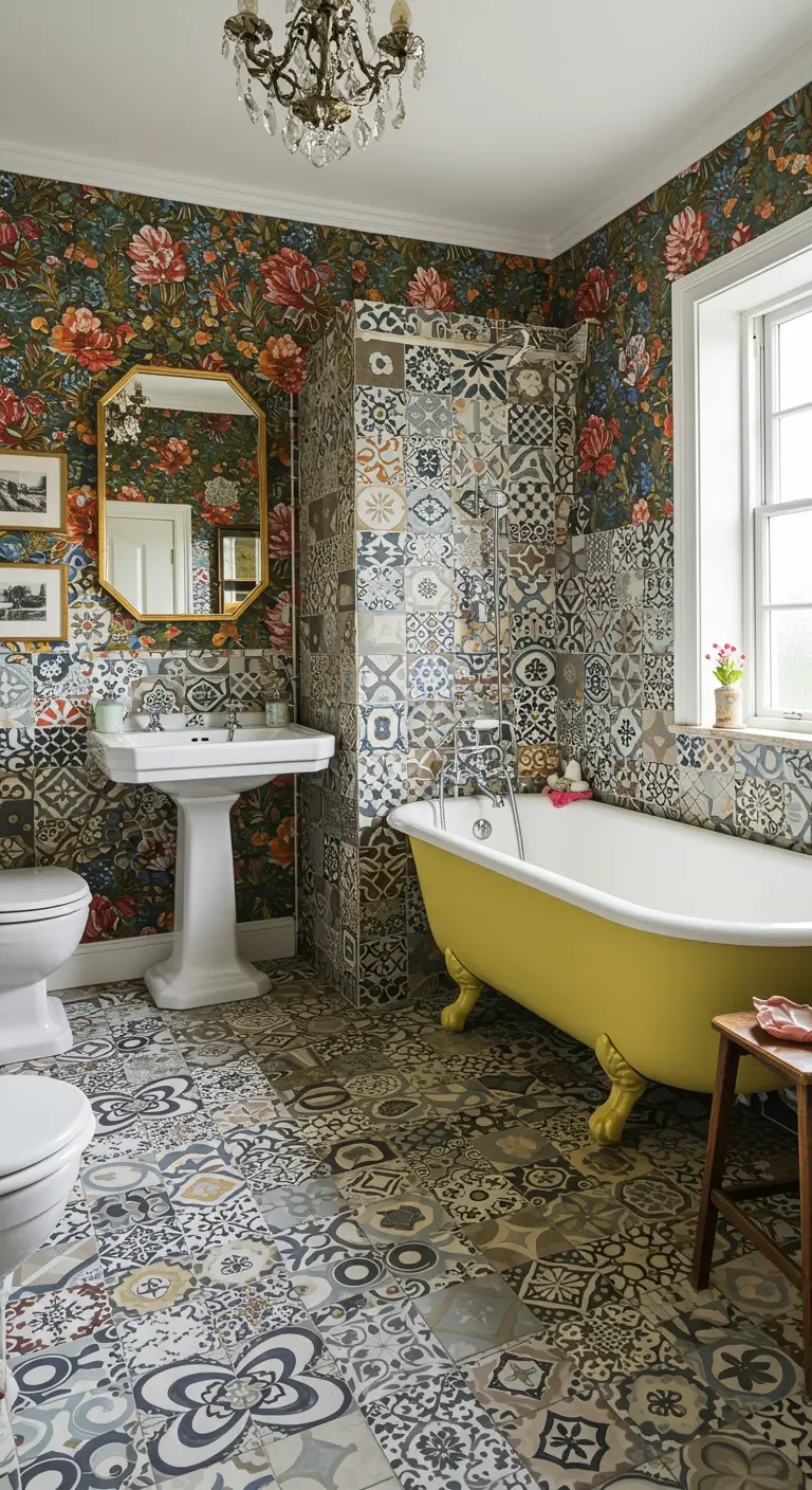 Maximalist bathroom with floral wallpaper, multiple tile patterns, and a bright yellow tub.