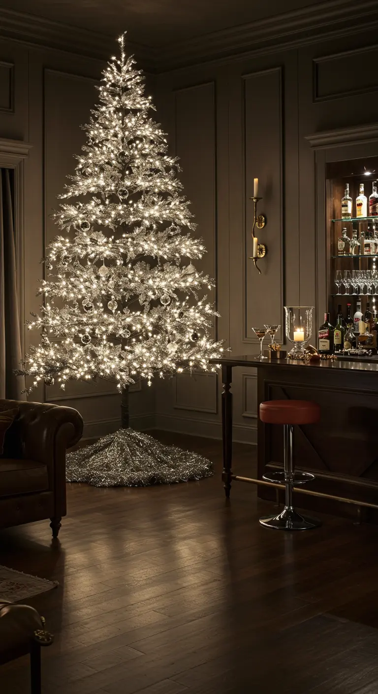 A glamorous, dimly lit room with a brightly lit silver tinsel tree next to a home bar.