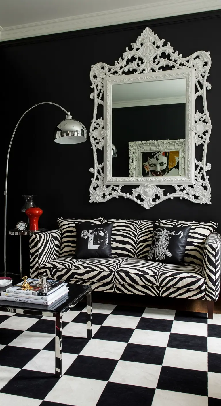 Maximalist living room with a zebra-print sofa, checkerboard rug, and an ornate white mirror.