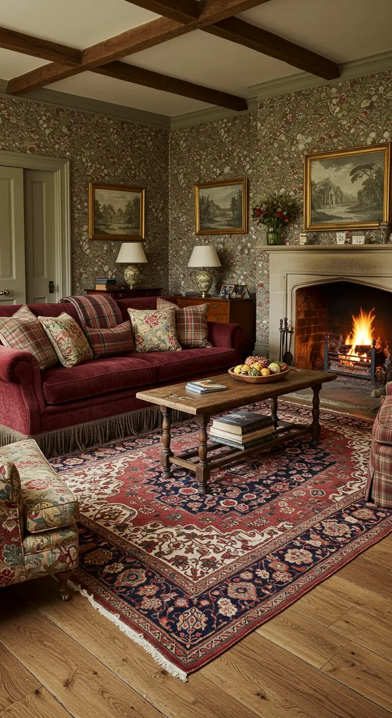 Red velvet sofa with plaid and floral pillows in a traditional room with a fireplace.