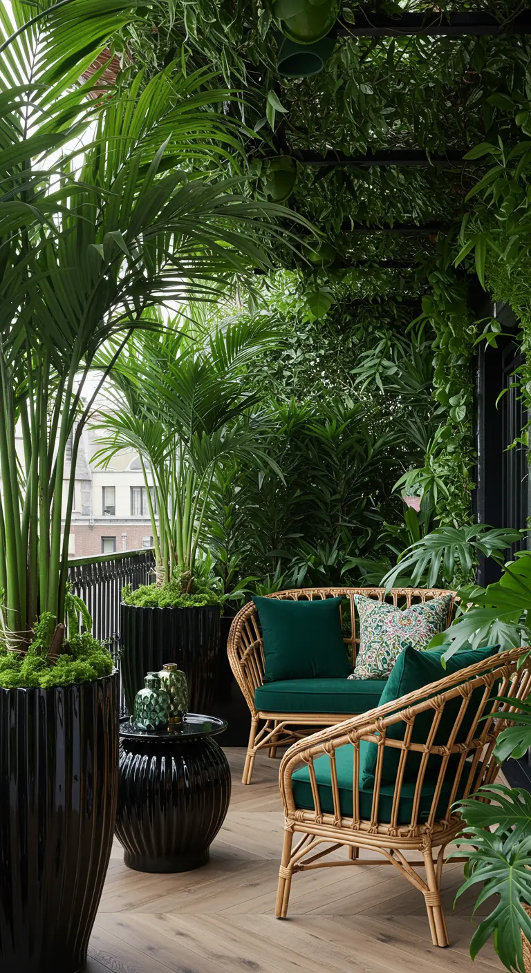 A chic balcony with glossy black planters, a rattan sofa, and emerald green velvet cushions.