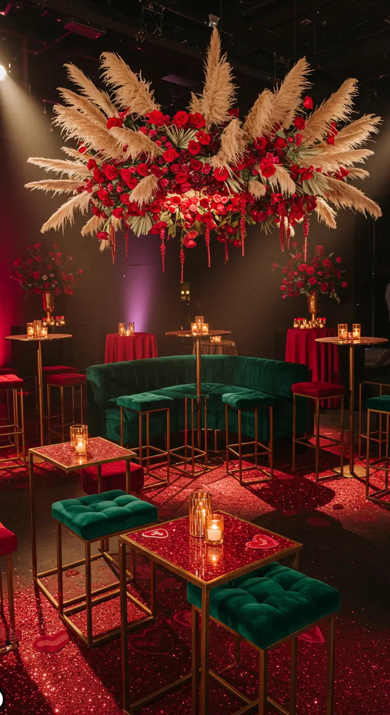 A massive hanging floral installation of red roses and feathery pampas grass over a lounge area.