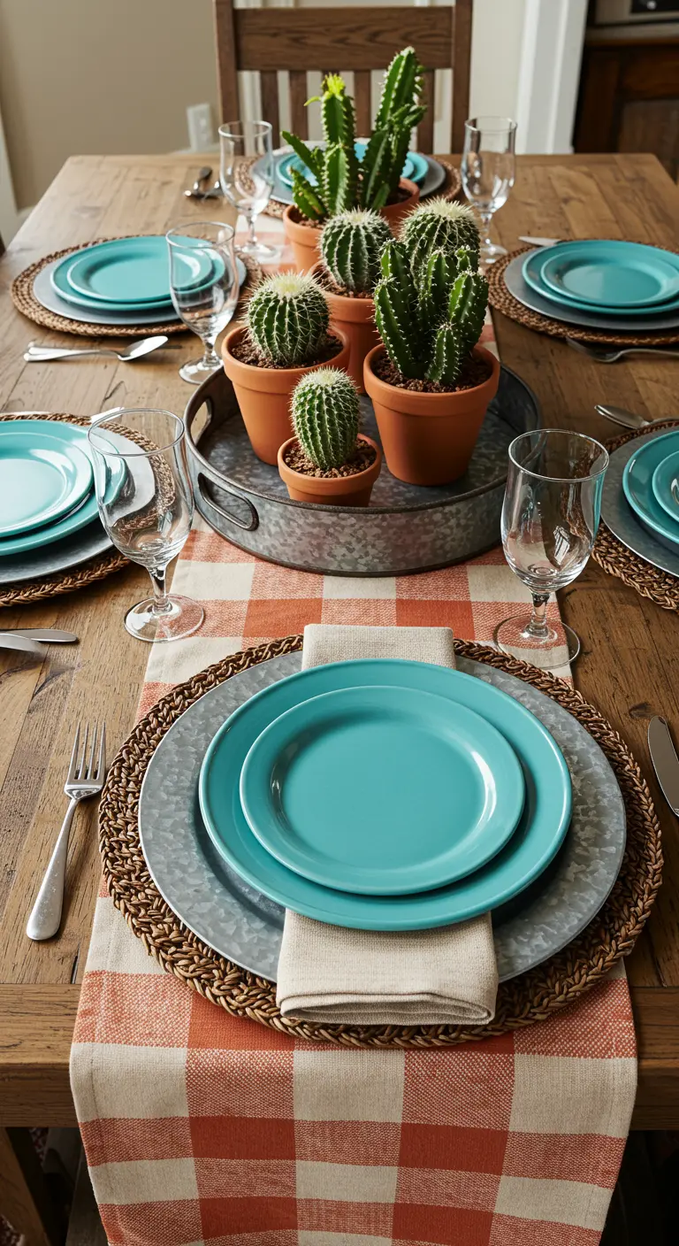 Farmhouse table with a centerpiece of potted cacti on a galvanized tray.
