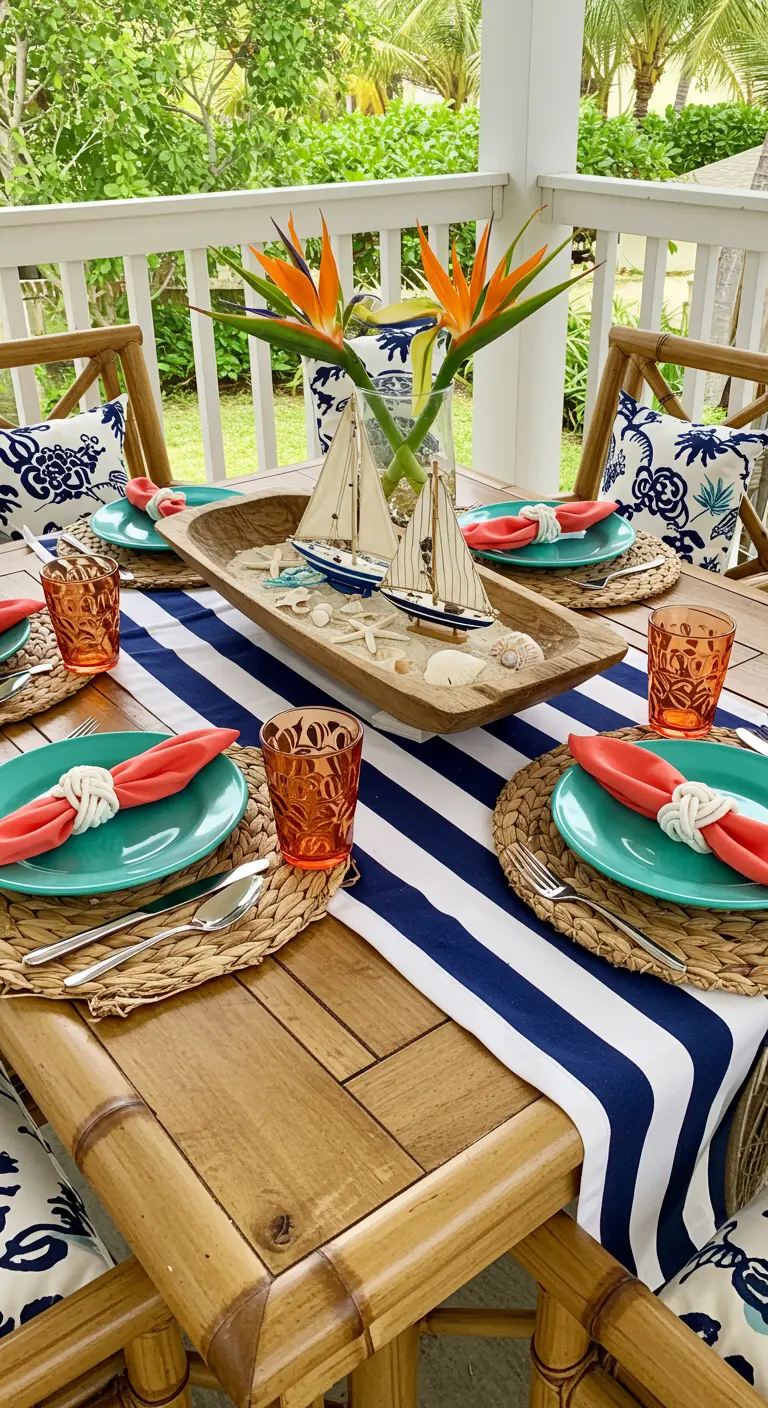 Tropical nautical table with a striped runner, turquoise plates, and bird-of-paradise flowers.