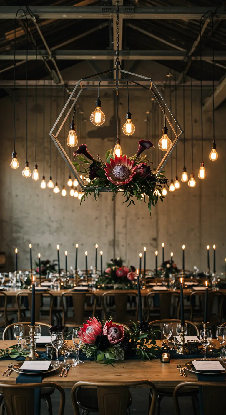 A geometric chandelier with Edison bulbs and protea flowers hangs in an industrial-style venue.