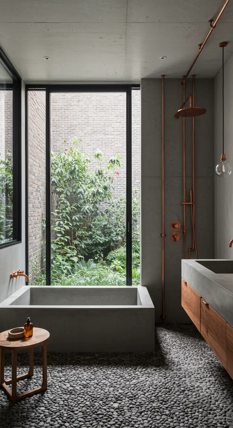 A concrete bathroom with exposed copper pipes looks out onto a dense urban garden.