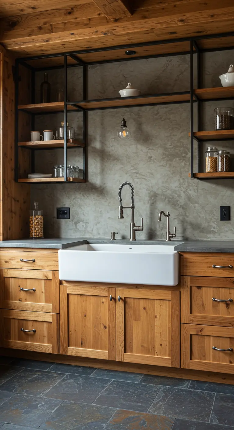 Kitchen combining rustic wood cabinets and an apron-front sink with industrial steel shelving.