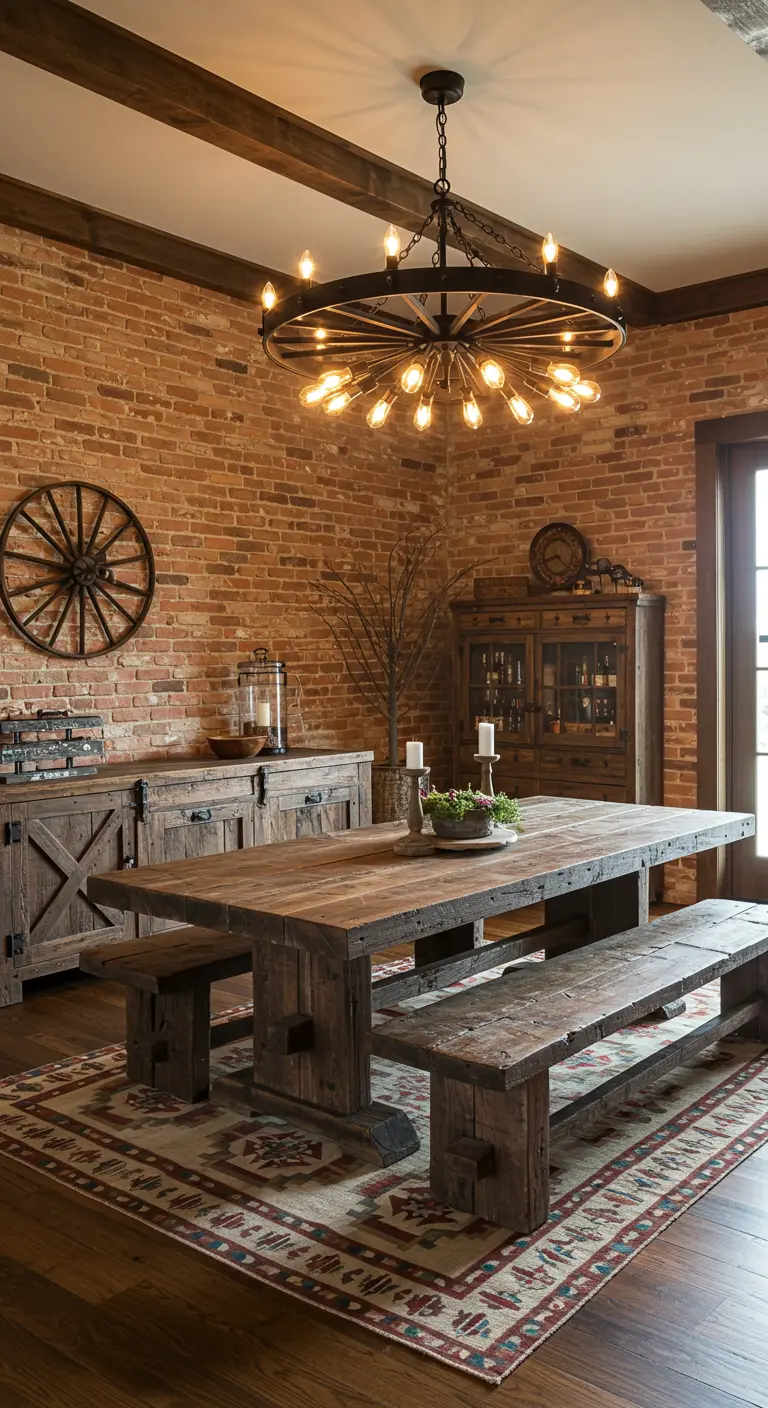 Rustic dining room with a large wood table, benches, and a wagon wheel chandelier.