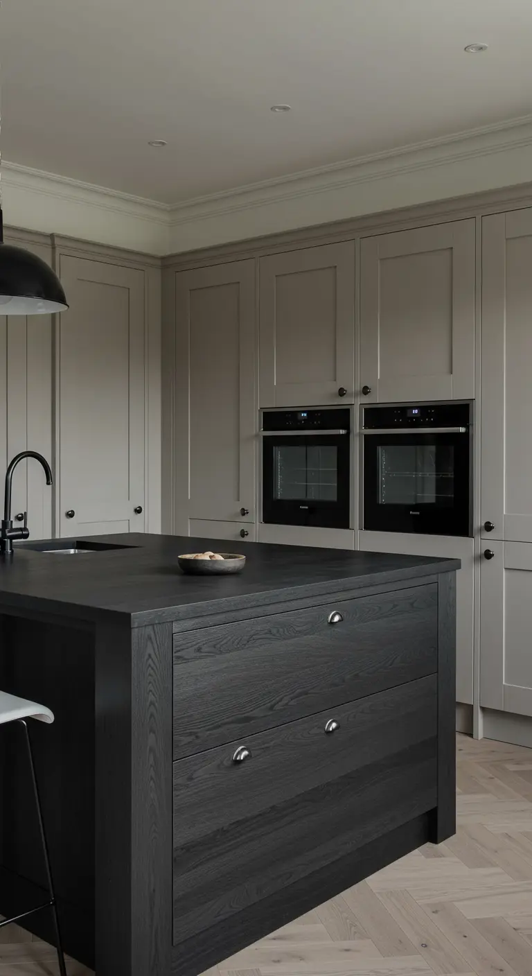Kitchen with light grey cabinets and a contrasting island made from dark stained oak with a visible grain.