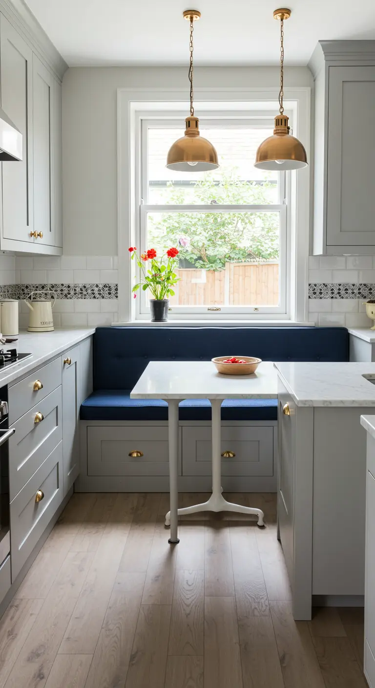 Grey kitchen with a navy blue banquette and copper pendant lights.
