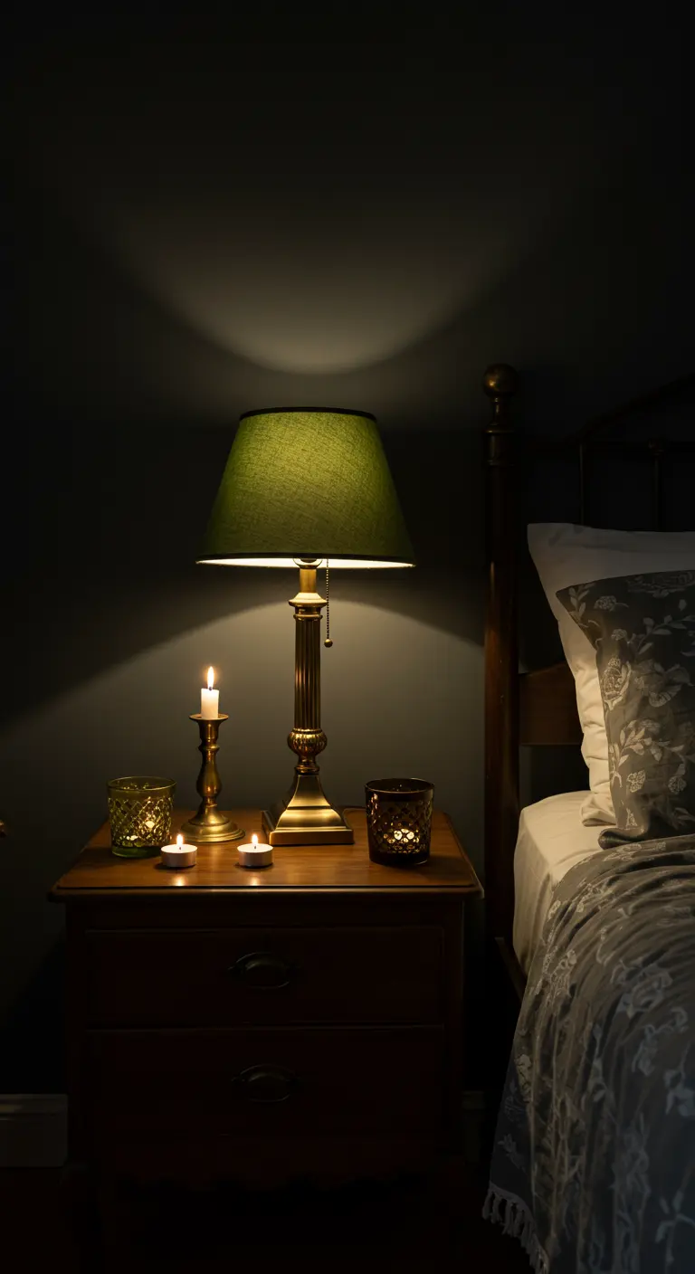 A dark wood nightstand with a brass lamp, olive green shade, and candlelit votives.