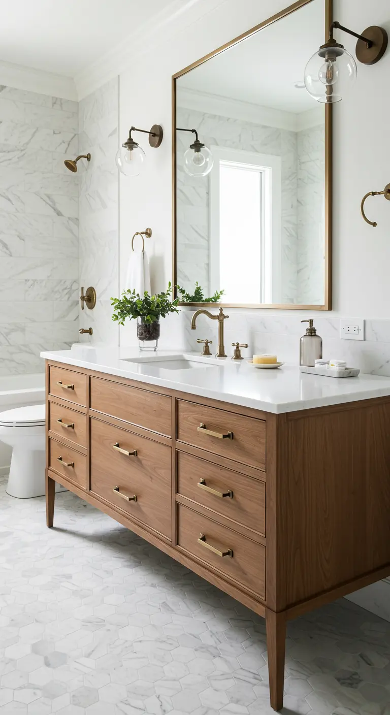 Modern bathroom with a wood vanity, marble-look hex tiles, and mixed metal fixtures in brass and chrome.