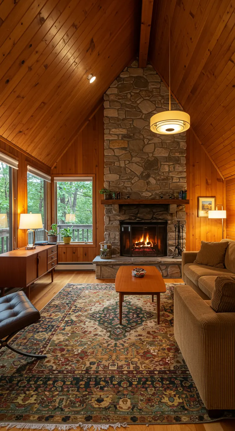 A rustic cabin with a stone fireplace, teak credenza, and a traditional patterned rug.