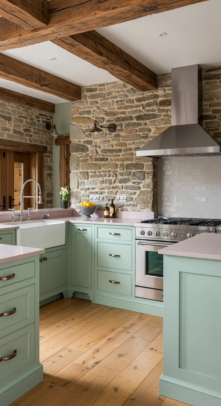 Kitchen with mint cabinets and a farmhouse sink set against a rugged, exposed stone wall.