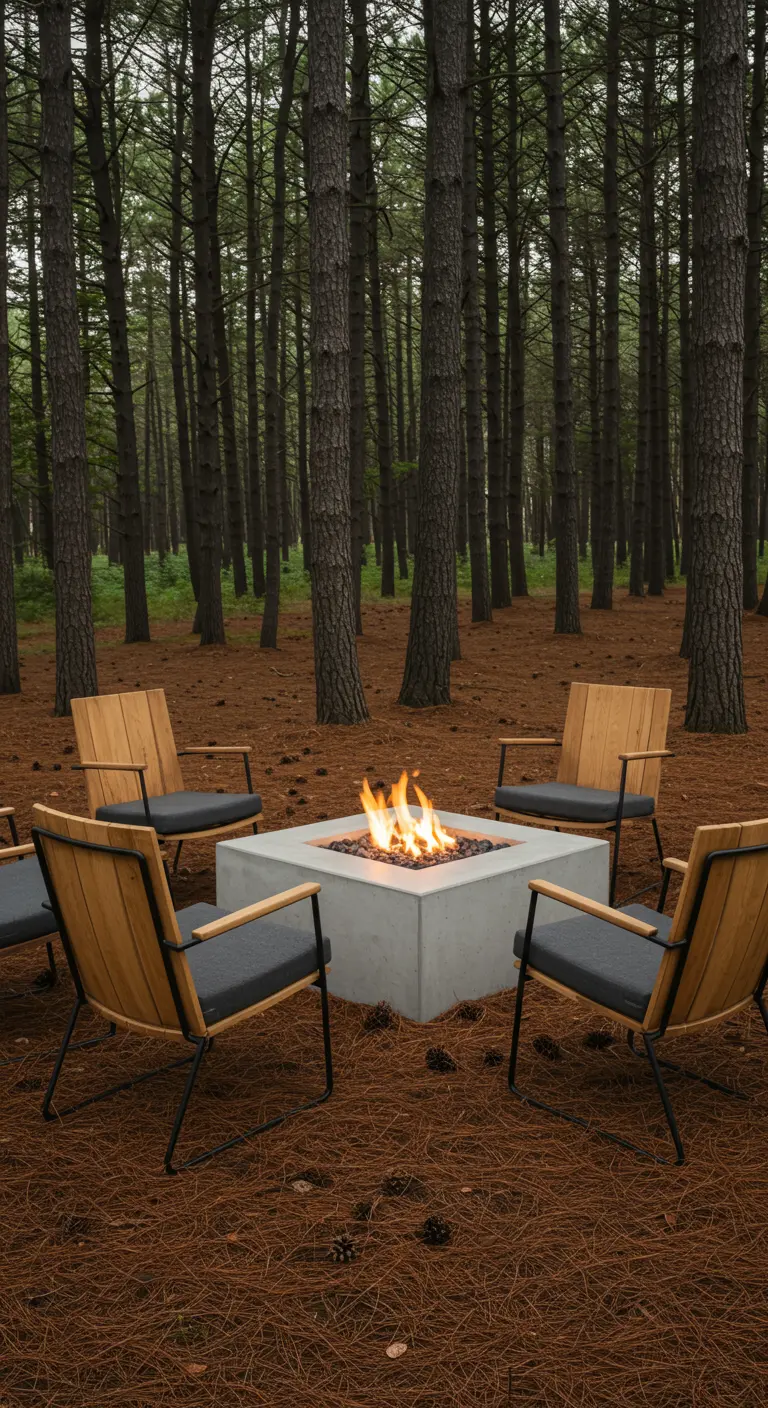 A modern square concrete gas fire pit surrounded by chairs in a pine forest.