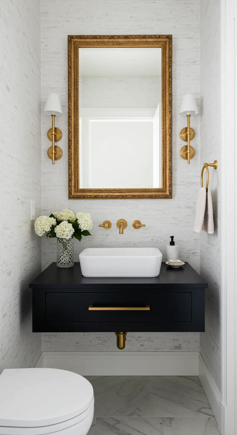 Powder room with a black floating vanity, ornate gold mirror, and wall-mounted brass fixtures.