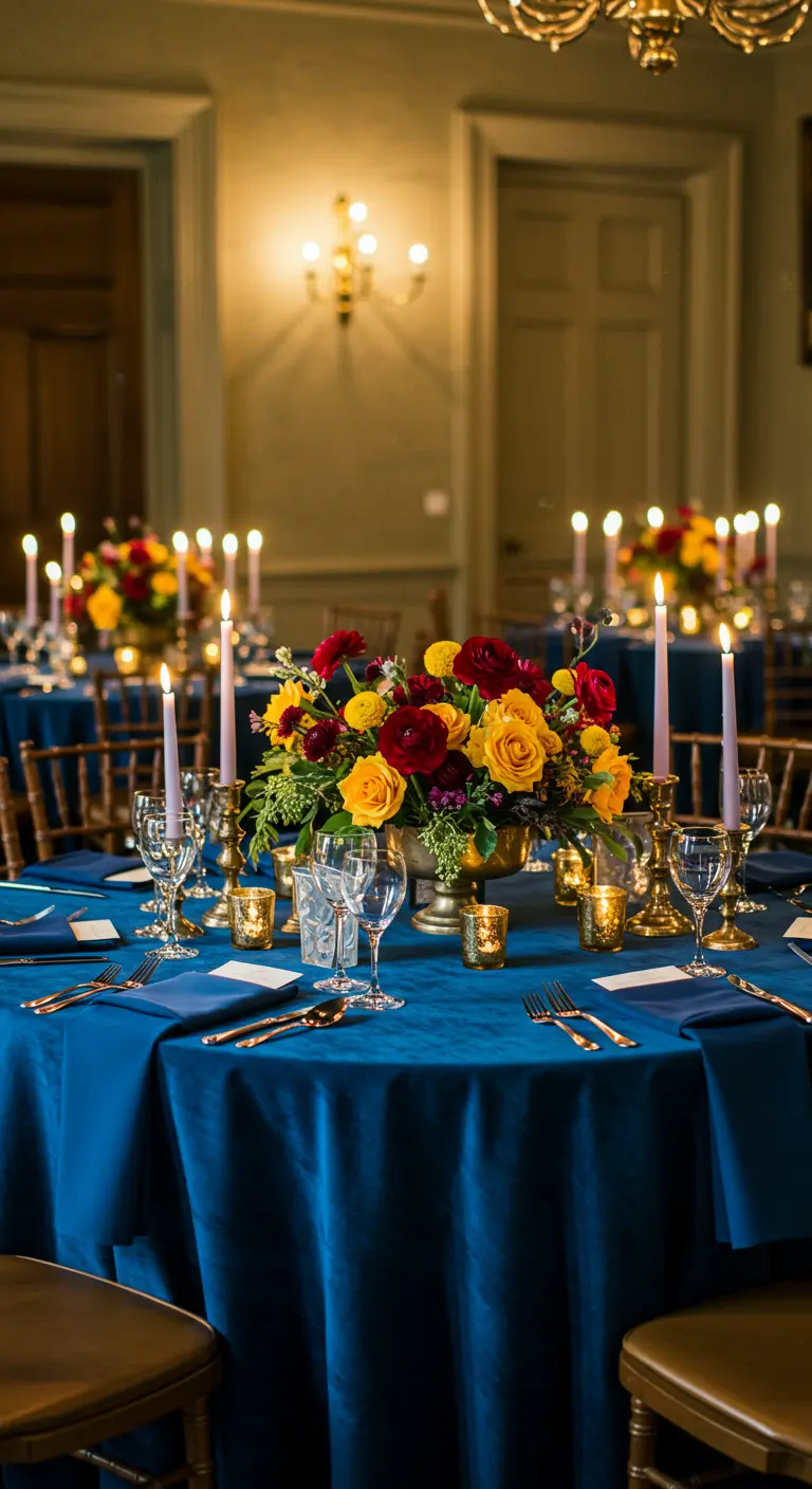 Round table with blue velvet tablecloth, yellow and red flowers, and tall lavender taper candles.