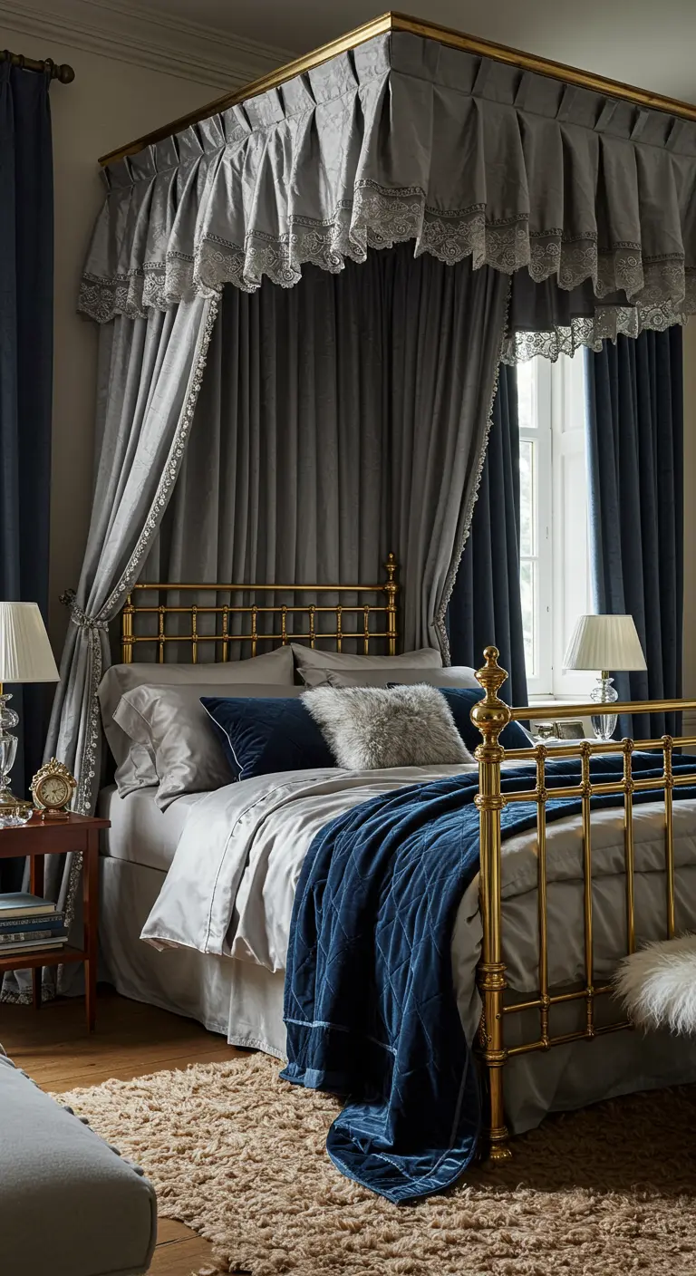 A grey and navy bedroom with a brass canopy bed, velvet throw, and lace-trimmed curtains.