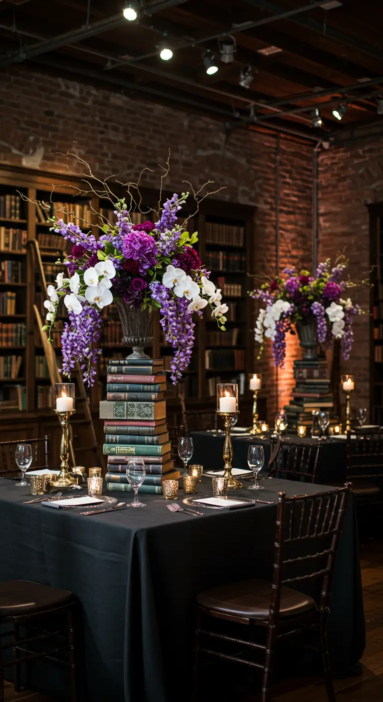 A dramatic library party table with black tablecloths and tall purple floral centerpieces on book stacks.